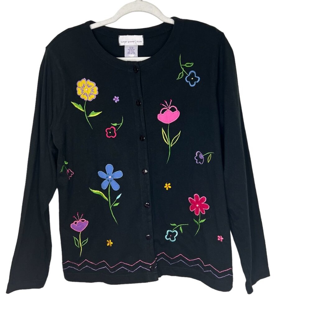 Vintage Susan Graver Style‎ Black Floral Embroidered Button Front Cardigan